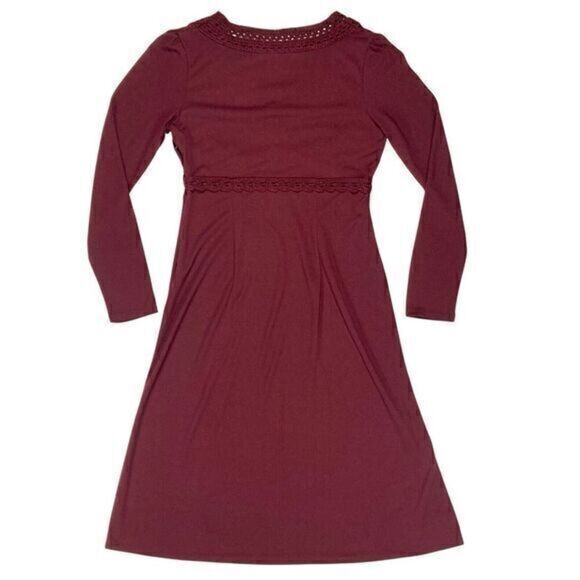 Loft Dress Womens Size 4 Burgundy Lace Trim Babydoll Elastic Empire Waist Midi - Picture 6 of 13
